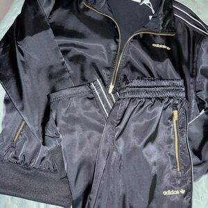 adidas Black Satin Track Jacket and Pants with Gold Trim